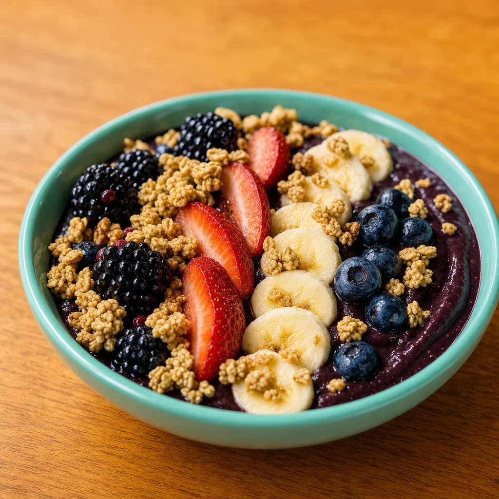 Side view of the Floré açaí bowl with granola, strawberries, banana and berries