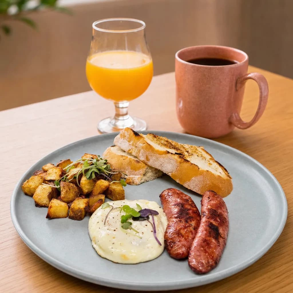 Combo #2 Classic Breakfast with roasted potatoes, toasted bread, grilled sausages, orange juice and coffee