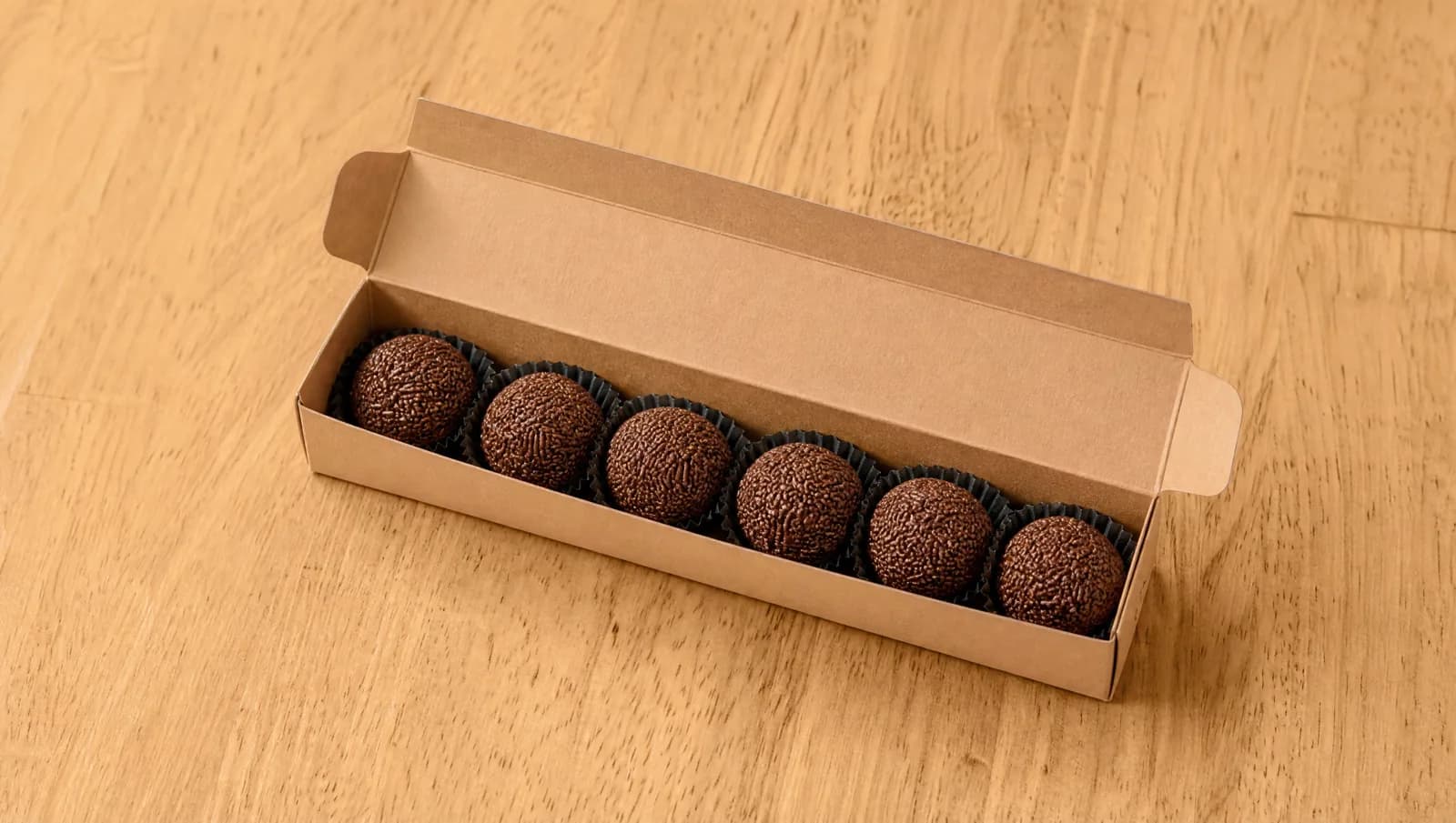 Box of six chocolate brigadeiros at Floré Café & Kitchen | Caixa com seis brigadeiros de chocolate no Floré Café & Kitchen